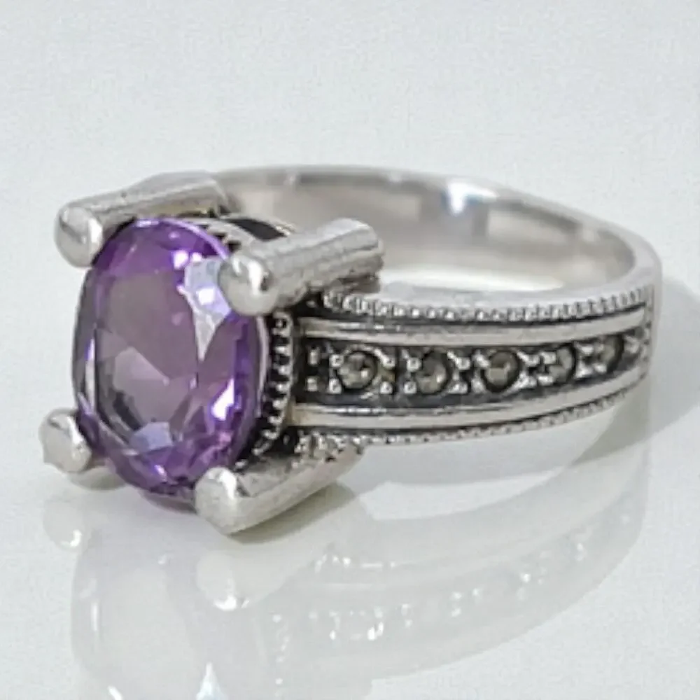 Judith Jack JJ 925 Sterling Silver Amethyst Marcasite Art Deco Ring Size 6.75